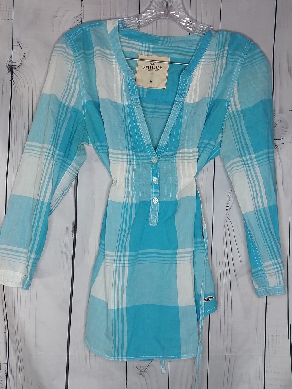 Hollister Vintage Y2K Coastal Beachy Boho Turquoise Plaid Babydoll Tunic Top